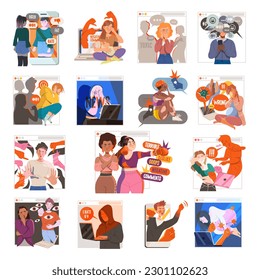 Victim of Cyberbullying Suffering from Violence and Hatred from Social Media Big Vector Illustration Set