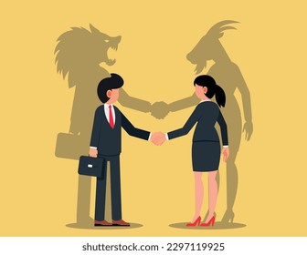 Victim or Dangerous Friendship. Business Partners Male Characters with Shadows of Wolf and Sheep behind of them Shaking Hands