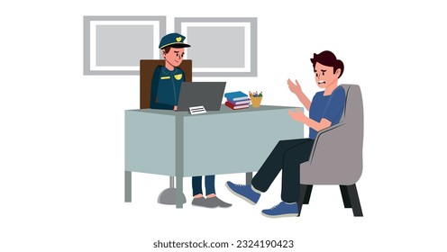 The victim describes the details of the incident to the police officer. Vector illustration. Flat style design. Isolated on a white background.