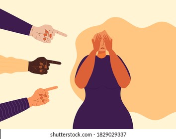 Victim girl scene in society. Stressed woman in shame and hands with pointing finger. Concept of accusation, depression in work, in school. National Bullying Prevention month in October in USA.