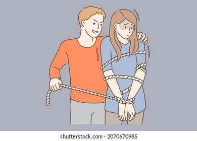 Victim of harassment abuse concept. Young sad unhappy woman standing stuck in net with angry man abusing her nearby vector illustration 