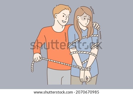 Victim of harassment abuse concept. Young sad unhappy woman standing stuck in net with angry man abusing her nearby vector illustration 