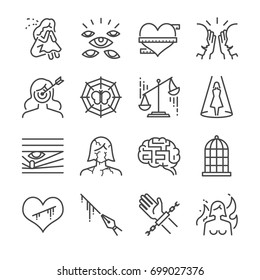 Victim And Harassment Line Icon Set. Included The Icons As Girl, Victim, Suffer, Woman Rights, Target, Imprison And More.