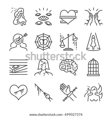 Victim and harassment line icon set. Included the icons as girl, victim, suffer, woman rights, target, imprison and more.