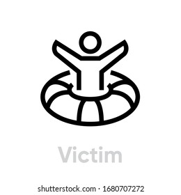 Victim help support icon. Editable line vector. Stylized sign man with hands up inside a circle of salvation. Single pictogram.