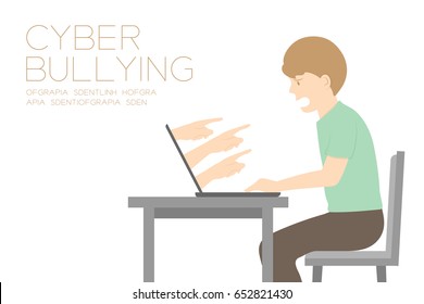 Victim man of internet social network cyber bullying concept idea, laptop and hate hand illustration isolated on white color background, with copy space