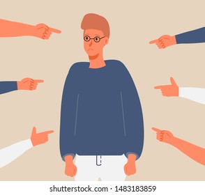 Victim man scene in society. Stressed boy in shame and hands with pointing finger. Concept of accusation in life, depression in work, i school, blame vector concept. Frustrated, bullying workers.