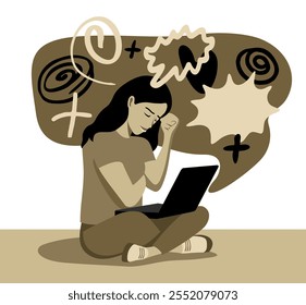 Victim online of social bullying. Sad woman sitting with laptop on abstract background, with some signs of anxiety around