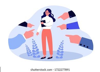 Victim of social bullying. Index fingers pointing at sad depressed woman feeling shame, guilty. Vector illustration for society conviction, denunciation, blame, accusing concept