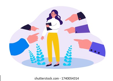 Victim of social bullying. Index fingers pointing at sad depressed woman feeling shame, guilty. Vector illustration for society conviction, denunciation, blame, accusing concept