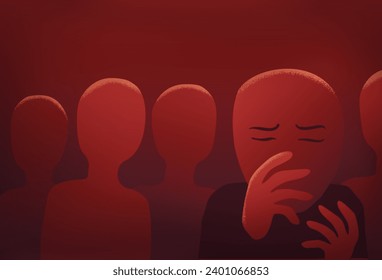 Victim of social bullying. Index fingers pointing at sad depressed male person feeling shame, guilty. Red textured illustration