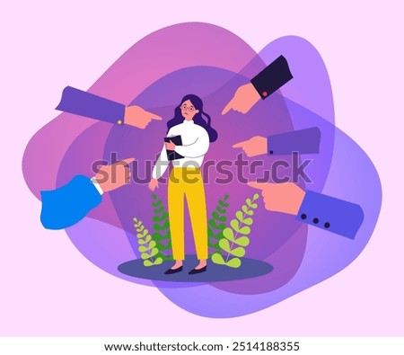 Victim of social bullying. Index fingers pointing at sad depressed woman feeling shame, guilty. Vector illustration for society conviction, denunciation, blame, accusing concept