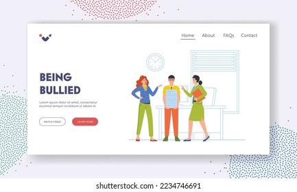 Victim Of Social Bullying Landing Page Template. Women Pointing At Sad Depressed Worker Male Character Feeling Shame and Guilty. Society Denunciation, Accusing. Cartoon People Vector Illustration