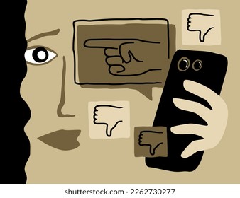 Victim of social bullying. Sad depressed woman looks at her phone and feeling shame, guilty. Society conviction, denunciation, blame, accusing concept