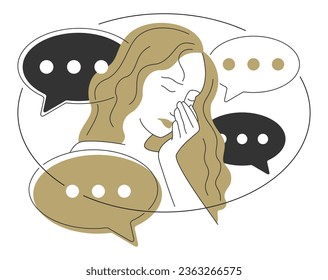 Victim of social bullying. Sad depressed woman feeling shame, guilty. With message bubbles around. illustration for society conviction, denunciation, blame, accusing concept