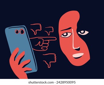 Victim of social bullying. Sad person looks at her phone and feeling shame, guilty. Society conviction, denunciation, blame, accusing concept