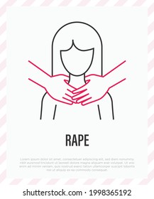 Victim Of Violence. Rape. Man Hands Strangle Woman By Neck. Abuser. Aggressive Behavior. Thin Line Icon. Vector Illustration.