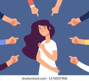 Victim women. Depressed girl in shame and hands with pointing finger. Guilty, ashamed female and blame in society vector concept. Woman frustrated, bullying employee illustration