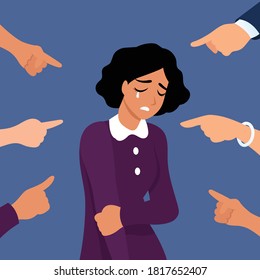 Victim women. Depressed girl in shame and hands with pointing finger. Guilty, ashamed female and blame in society vector concept. Woman frustrated, bullying employee illustration