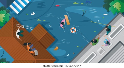Las víctimas se ayudan mutuamente a trasladarse a terrenos más altos mientras esperan que los Equipos de rescate despejen las aguas de la inundación.
