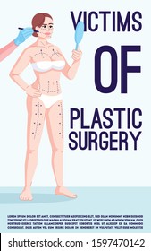 Victims of plastic surgery poster vector template. Aesthetic surgery addicts. Brochure, cover, booklet page concept design with flat illustrations. Advertising flyer, leaflet, banner layout idea