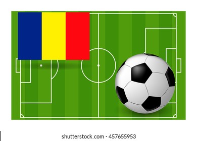 Victor ball with the flag of Romania on the background of a football field