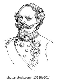 Victor Emmanuel II, 1820-1878, he was the king of Sardinia, and king of Italy, vintage line drawing or engraving illustration