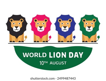 Victor Graphic of world lion day good for world lion day celebration. 10th august. Set of 4 lion Blck, pink, blue , green, flat design. lion. animal. Isolated White Background.