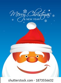 Victor illustration of "Merry Christmas" calligraphy with "Santa Claus" laughing, smiling, gift box, red cap, decoration tree, offers, star and happy new year celebration Background