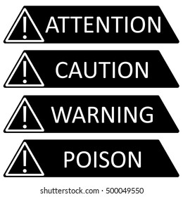 Victor triangle safety with exclamation mark and the words poison, caution, attention, warning
