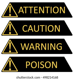 Victor yellow triangle safety with exclamation mark and the words poison, caution, attention, warning