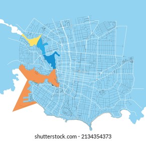 Victoria, British Columbia, Canada colorful high resolution vector art map with city boundaries. White outlines for main roads. Many details. Blue shapes for water. 