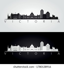 Victoria, Canada skyline and landmarks silhouette, black and white design, vector illustration.  