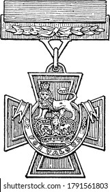 Das Victoria Cross ist eine Medaille aus maltesischem Bronzemedaille mit königlichem Kronenlilie mit Kronen in der Mitte und FÜR VALOR unten geschrieben, Vintage-Linie Zeichnung oder Gravur-Illustration.