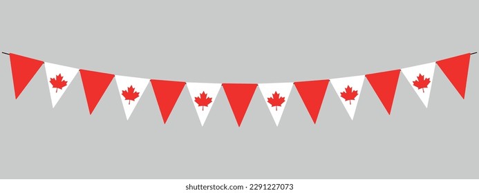 Banner del Día de Victoria en Canadá, garganta de amarre, hilo de banderas triangulares con hojas de arce rojas, pennants, elemento de diseño vectorial