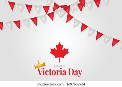 Victoria Day Canada Holiday banner background. Waving national white and red flag colors with maple leaf. Vector illustration with lettering and bunting.