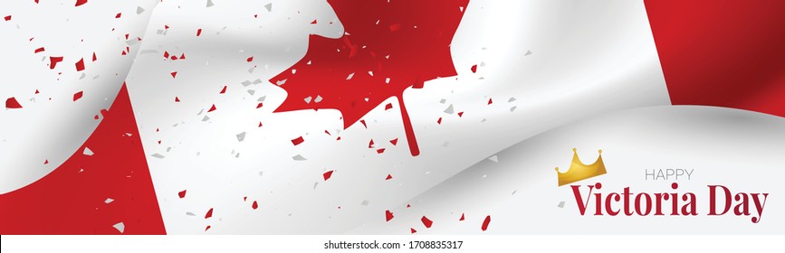 Victoria Day Canada Holiday banner or website header background. Waving national white and red flag with maple leaf and confetti. Vector illustration with lettering.