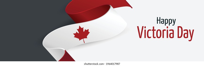 Victoria Day Canada Holiday banner background. Waving ribon, national white and red flag with maple leaf style. Vector illustration with lettering.