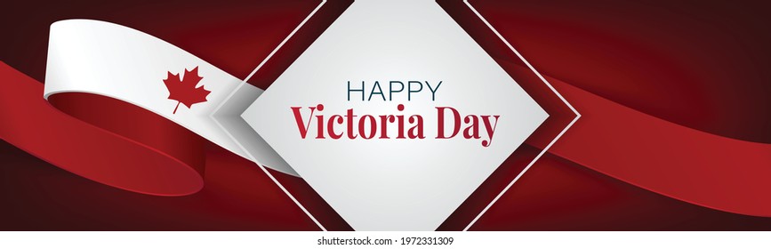 Victoria Day Canada Holiday banner background. Waving ribon, national white and red flag with maple leaf style. Vector illustration with lettering.