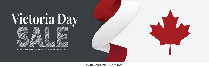 Victoria Day Canada Holiday sale banner background. Waving ribon, national white and red flag with maple leaf style. Vector illustration with lettering.