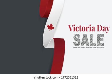 Victoria Day Canada Holiday sale banner background. Waving ribon, national white and red flag with maple leaf style. Vector illustration with lettering.