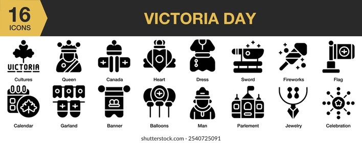 Conjunto de ícone sólido Victoria Day. Inclui cultura, vestido, fogos de artifício, guirlandas, parlement, rainha e muito mais. Coleção vetorial de ícones sólidos.