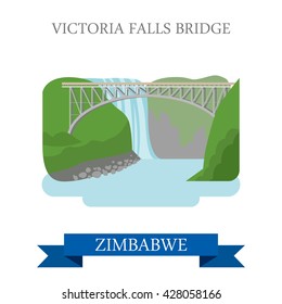 Victoria Falls Bridge in Zimbabwe. Flat cartoon style historic sight showplace attraction web site vector illustration. World countries cities vacation travel sightseeing Africa collection.