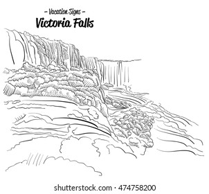 Victoria Falls Zimbabwe Landmark Sketch, Hand drawn Vector Outline Artwork