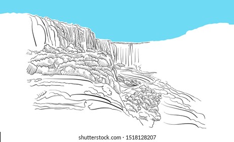 Victoria Falls Zimbabwe Lineart Vector Sketch. and Drawn Illustration on blue background.