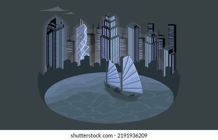 Victoria Harbour Hong Kong night view with junk ship on foreground.
Night city of Hong Kong island. Hong Kong skyline with Central Plaza Hong Kong Convention and Exhibition Centre. vector illustration