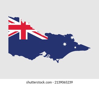 Victoria Map Flag. Karte von Vic, Australien mit der Staatsflagge. Australischer Staat. Vektorgrafik-Banner.