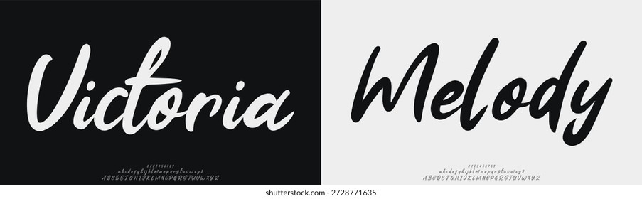 Victoria Melody, Elegant Script logotipo alfabeto letras fonte. Tipografia de luxo clássico lettering serif fontes decorativo vintage retro logotipos e número. ilustração vetorial
