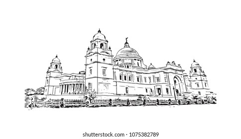 Victoria Memorial of Kolkata, City in West Bengal, India. Hand drawn sketch illustration in vector.