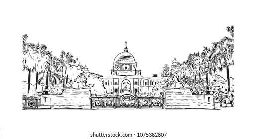 Victoria Memorial of Kolkata, City in West Bengal, India. Hand drawn sketch illustration in vector.